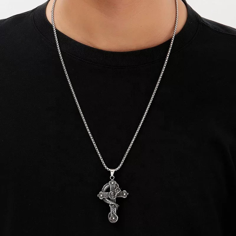 Dragon Skull Cross Pendant Necklace