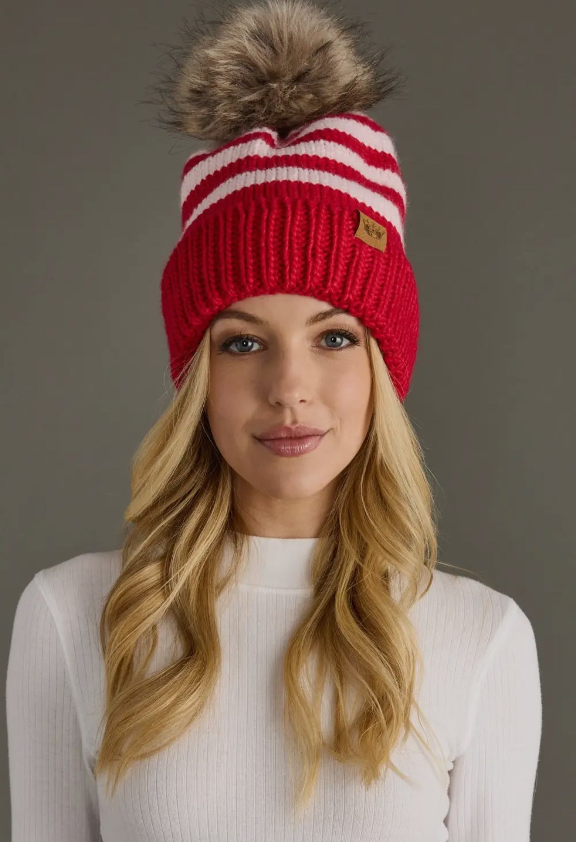 Red and pink striped Pom Beanie