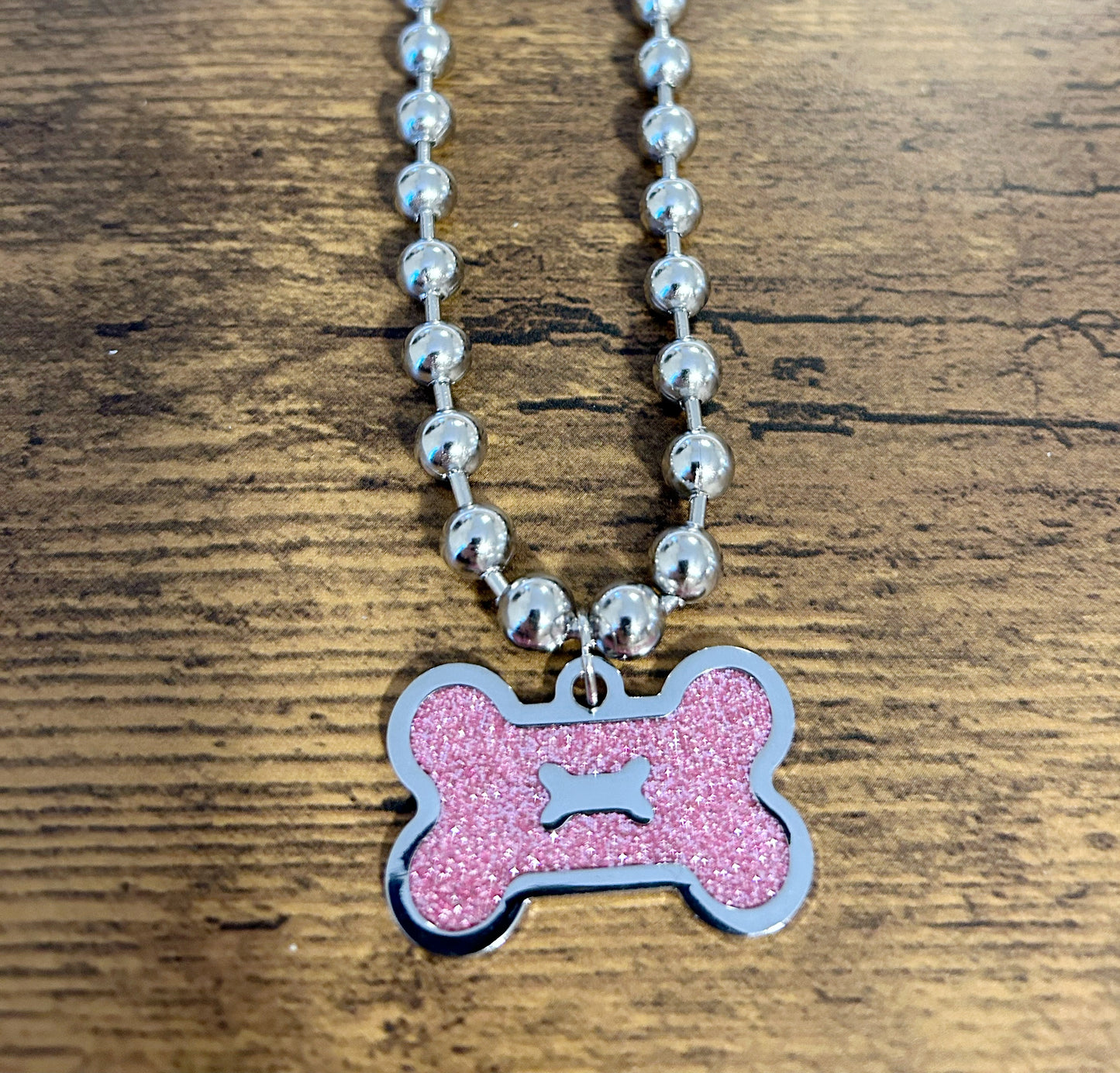 Pink Glitter Dog Bone necklace