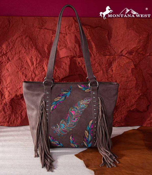 Montana West Embroidered Feather Concealed Carry Tote: Brown