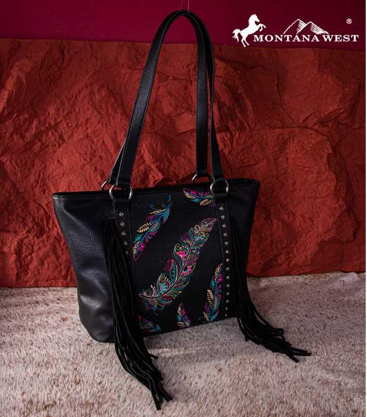 Montana West Embroidered Feather Concealed Carry Tote: Blk