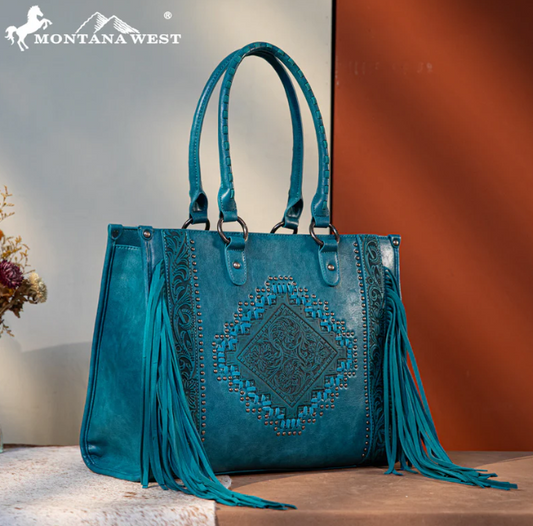 Montana West Fringe Tooled Carry Tote