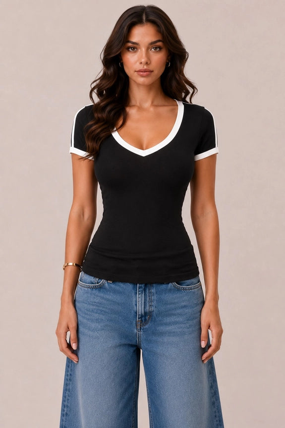 Contrast V Neck Short Sleeve Tee