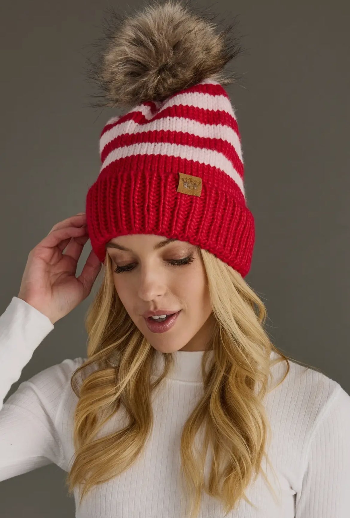 Red and pink striped Pom Beanie
