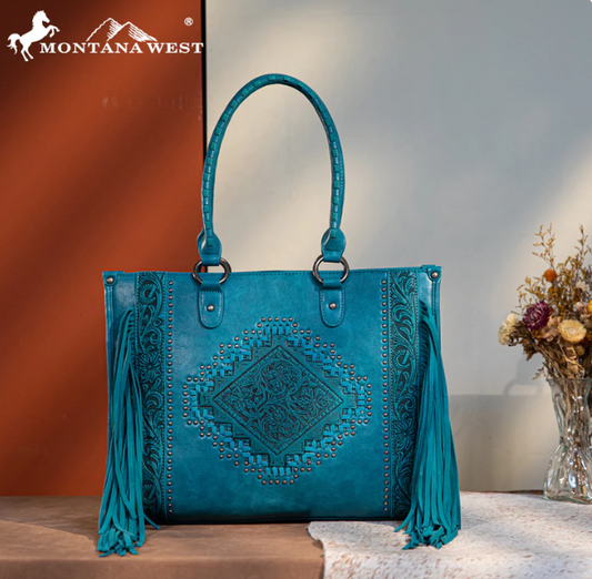 Montana West Fringe Tooled Carry Tote