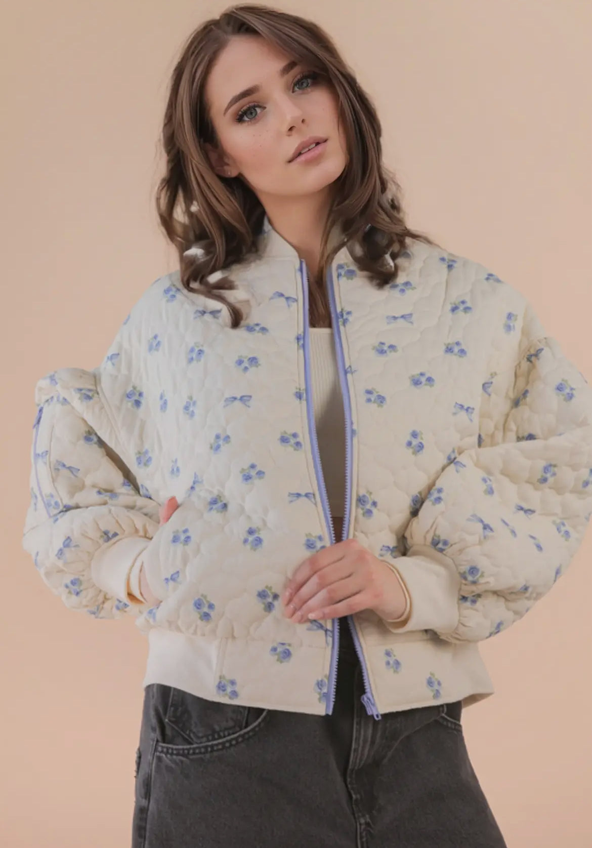 Floral Quilted Oversized Jacket: Blue