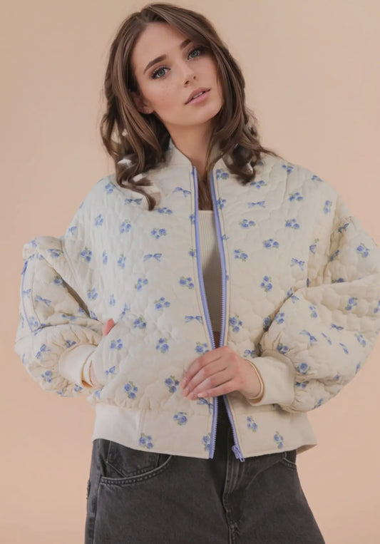 Floral Quilted Oversized Jacket: Blue