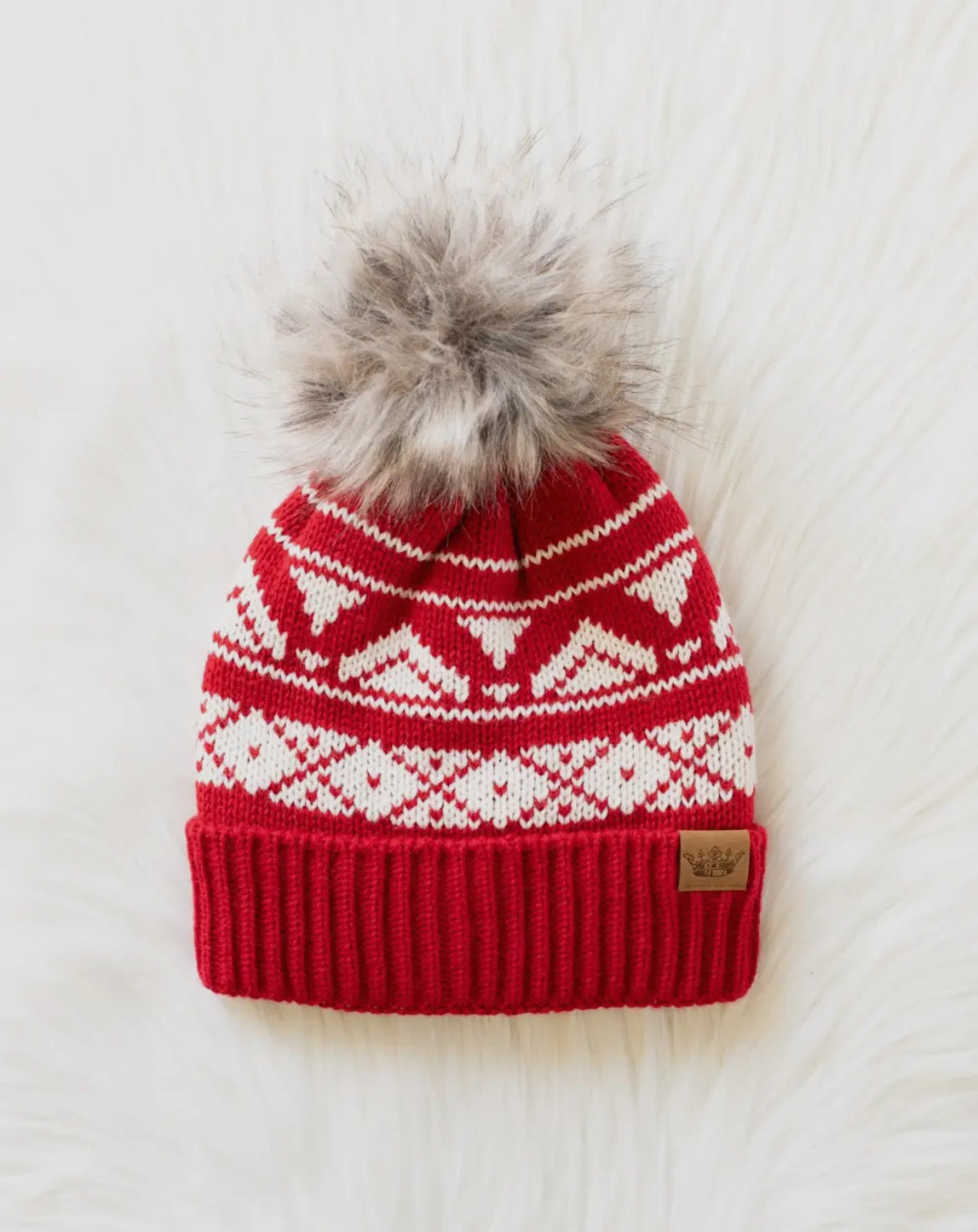 Red and Cream Patterned Pom Beanie