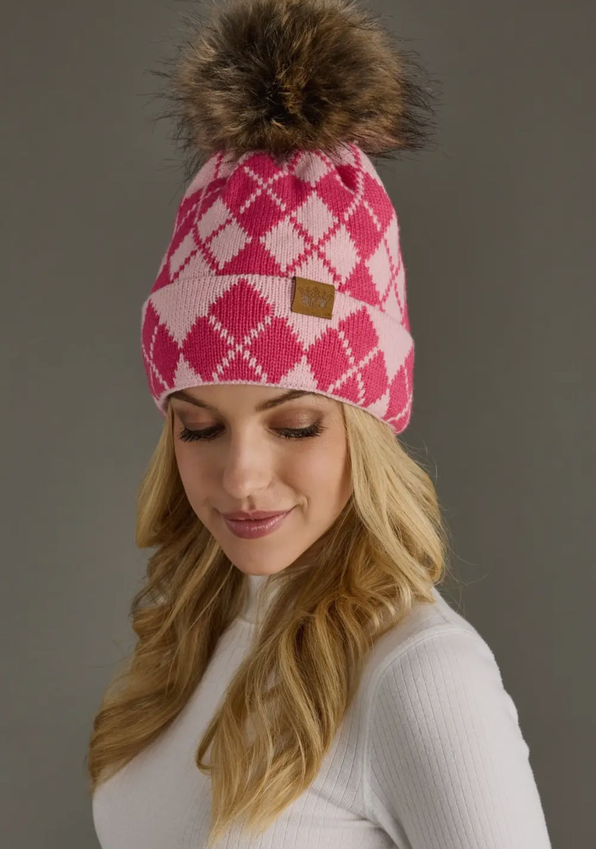 Pink and blush Argyle Pom Beanie
