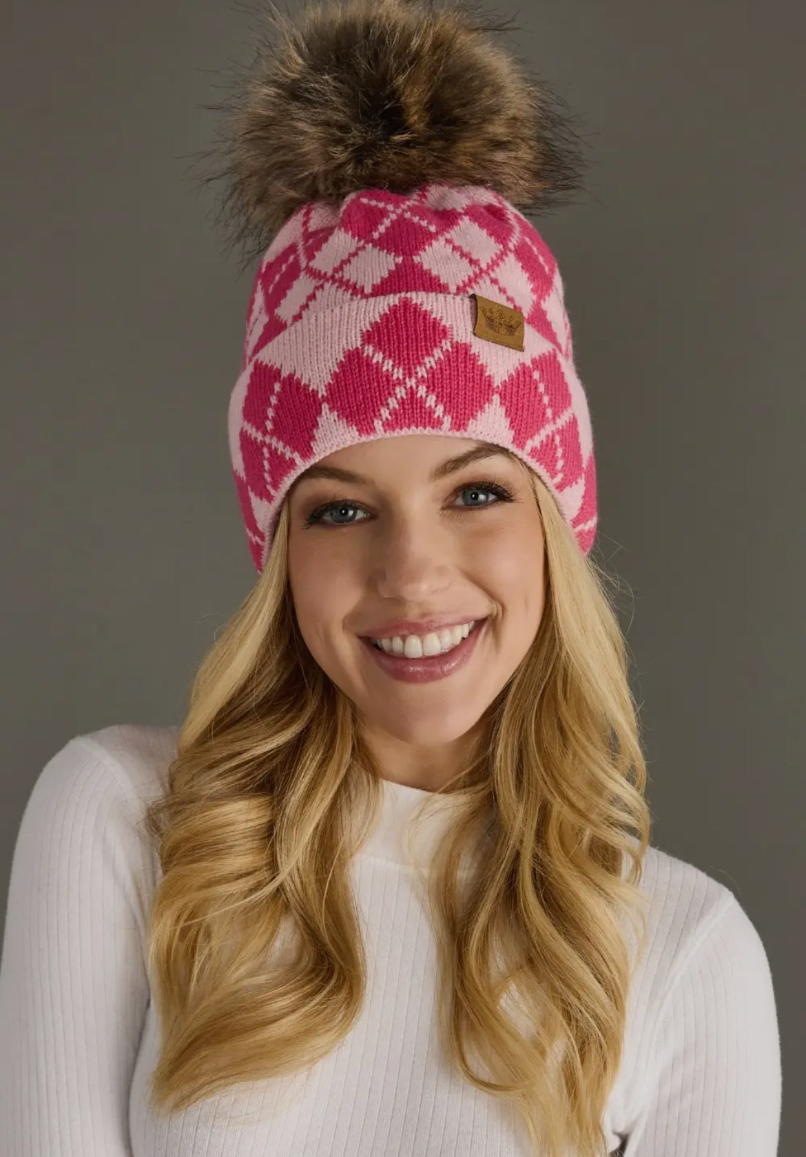 Pink and blush Argyle Pom Beanie