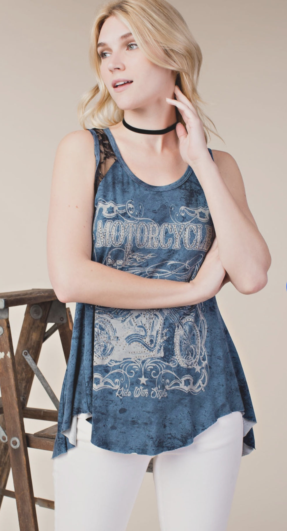 Rhinestone Lace Tank: indigo