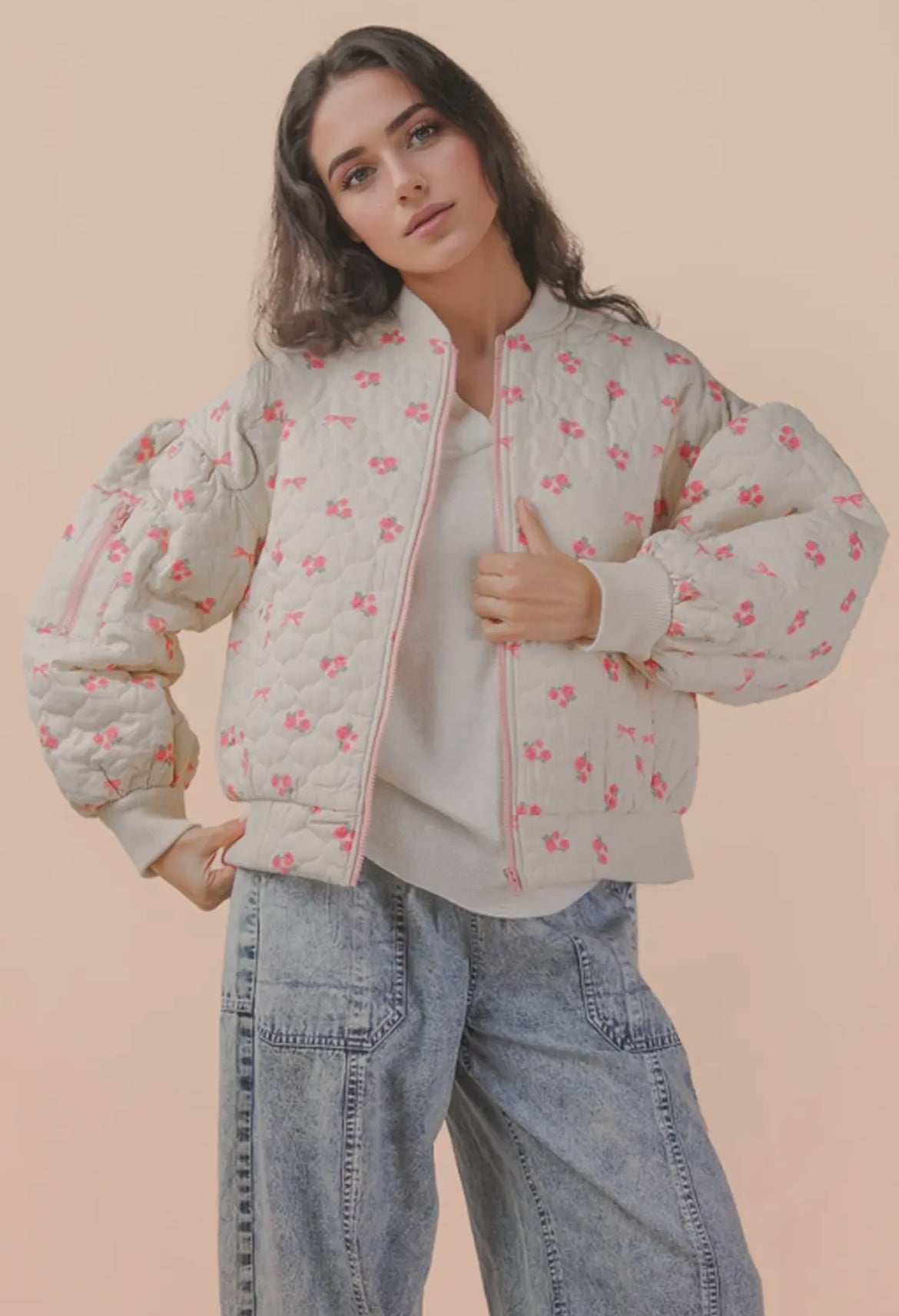 Floral Quilted Oversized Jacket: Pink