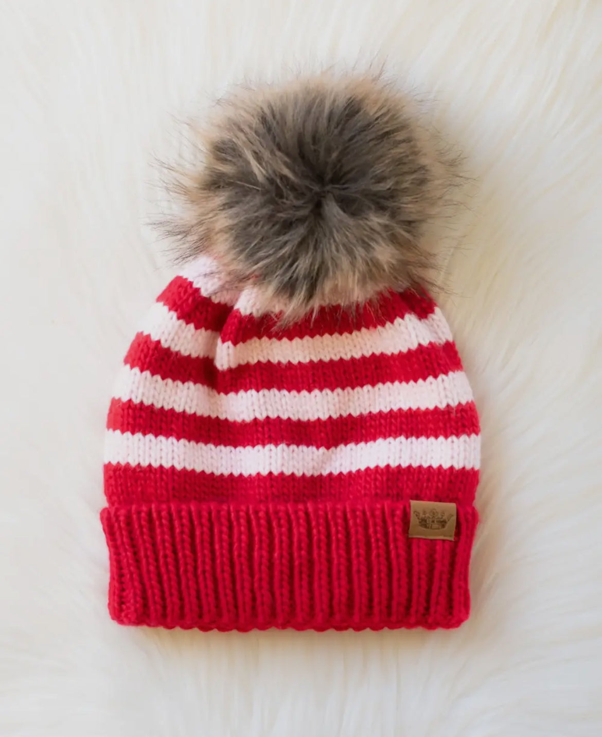 Red and pink striped Pom Beanie
