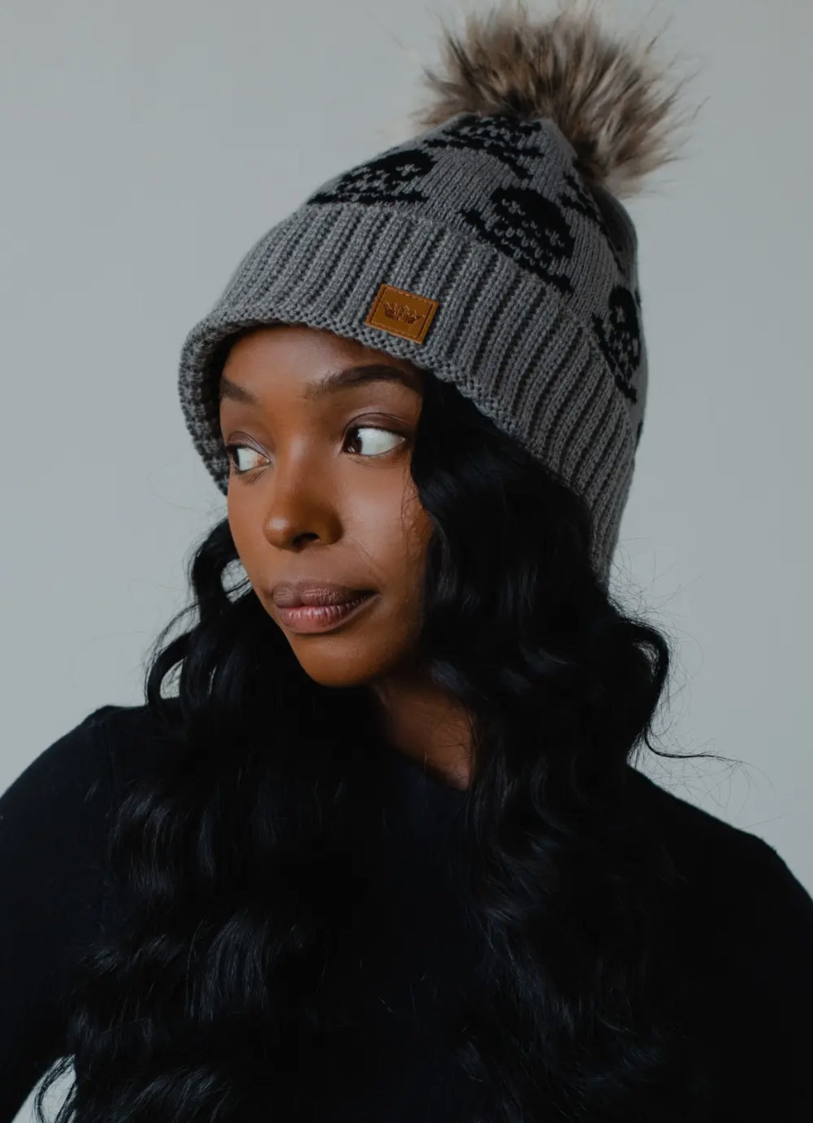 Gray Skull Pom Beanie