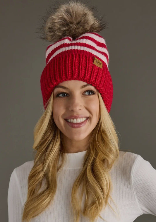 Red and pink striped Pom Beanie