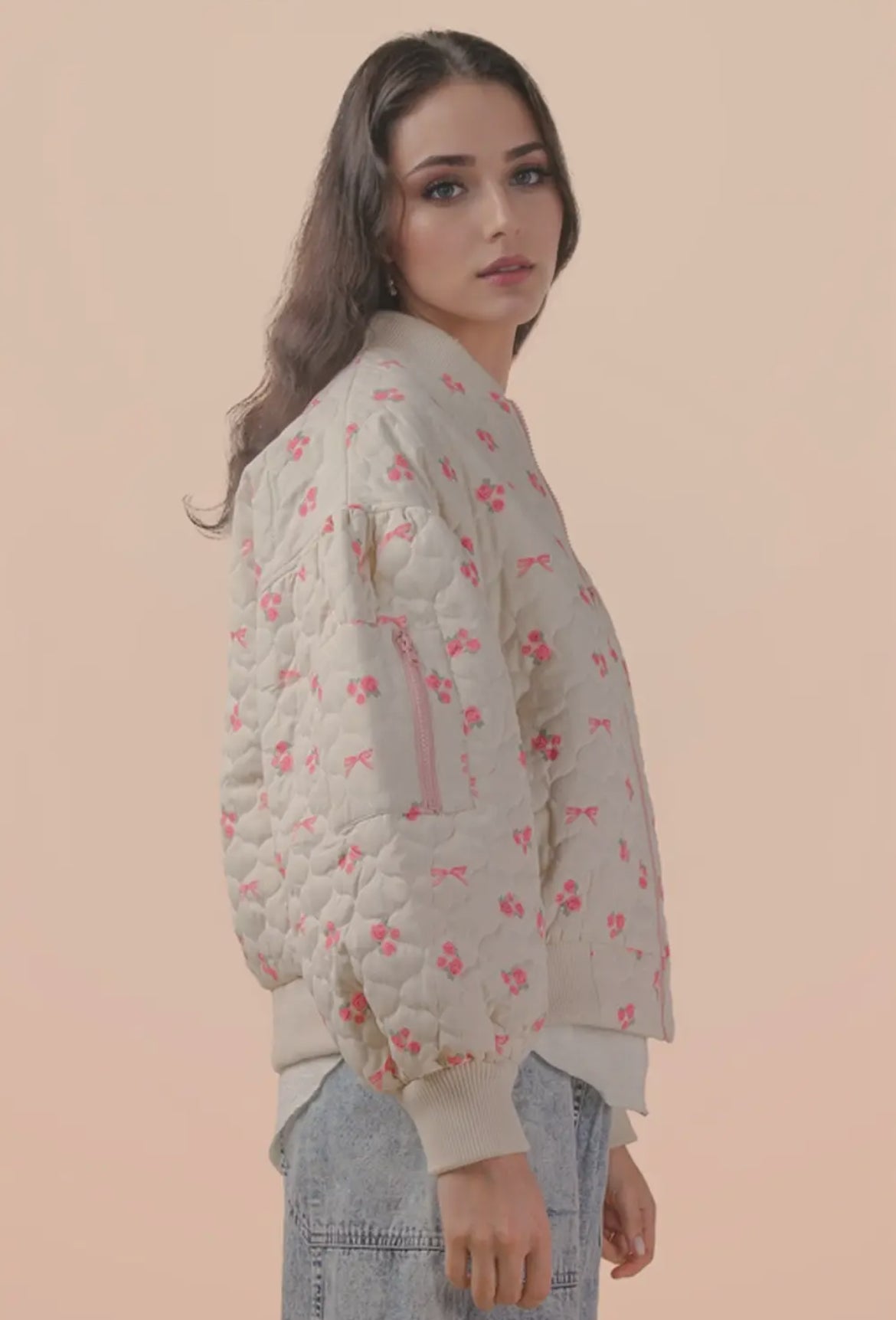 Floral Quilted Oversized Jacket: Pink