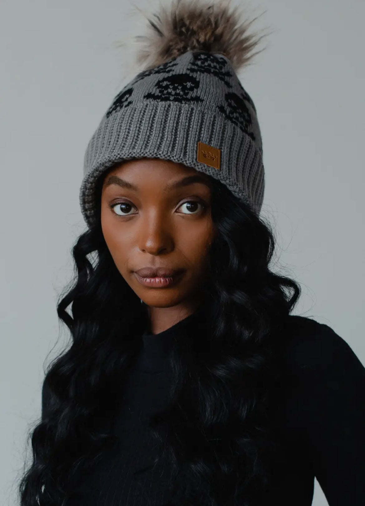Gray Skull Pom Beanie