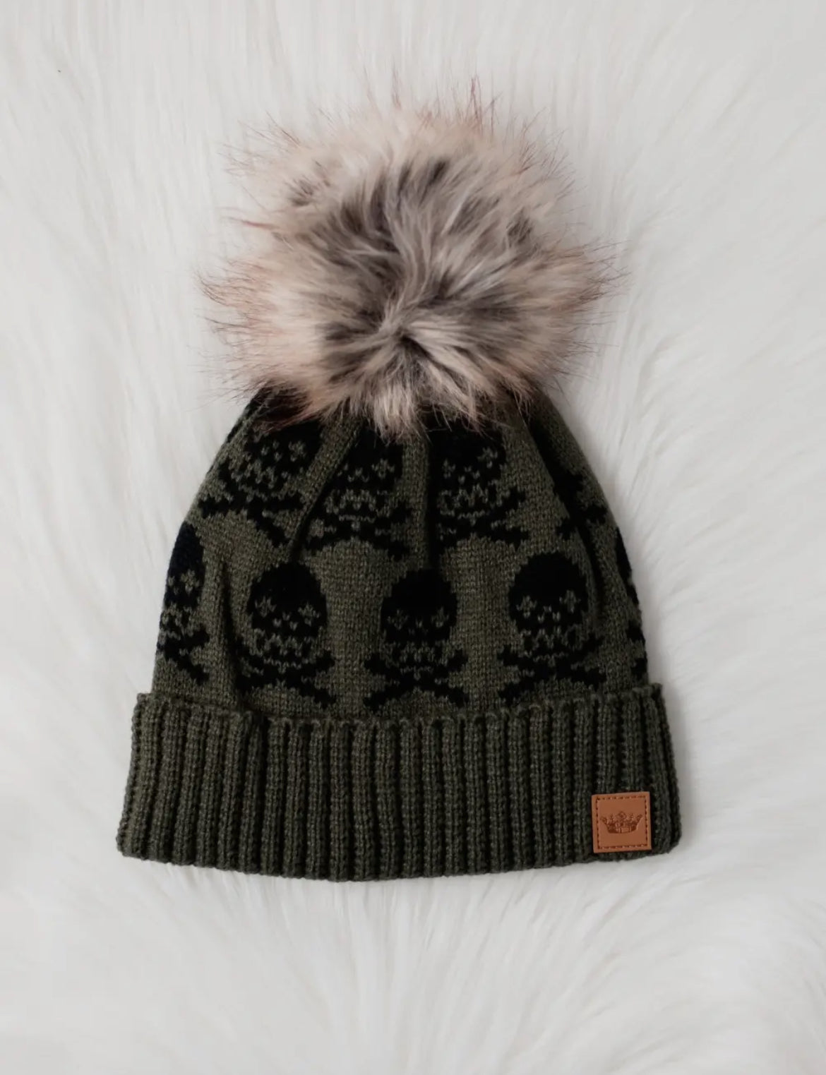 Olive Skull Pom Beanie