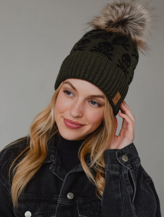 Olive Skull Pom Beanie