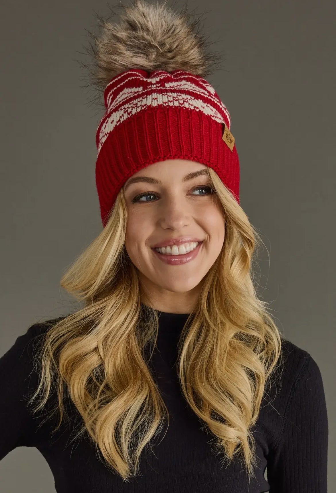 Red and Cream Patterned Pom Beanie