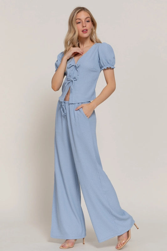 Blue Bow Knit Top & Pants Set
