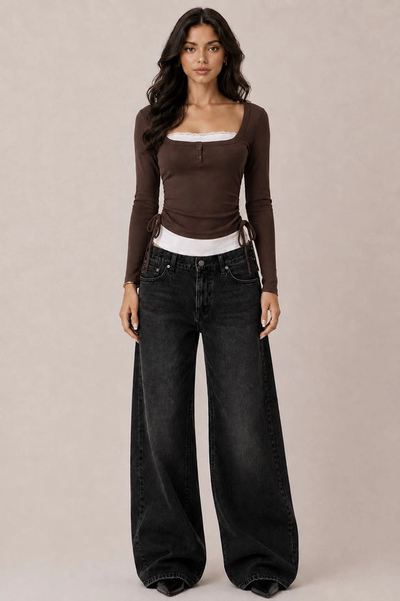 Square Neck Fake Layered Long Sleeve Top