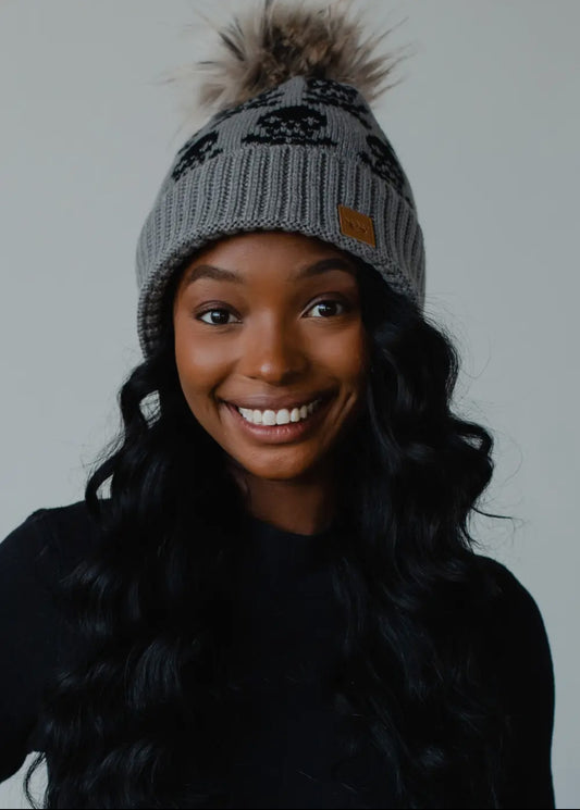 Gray Skull Pom Beanie