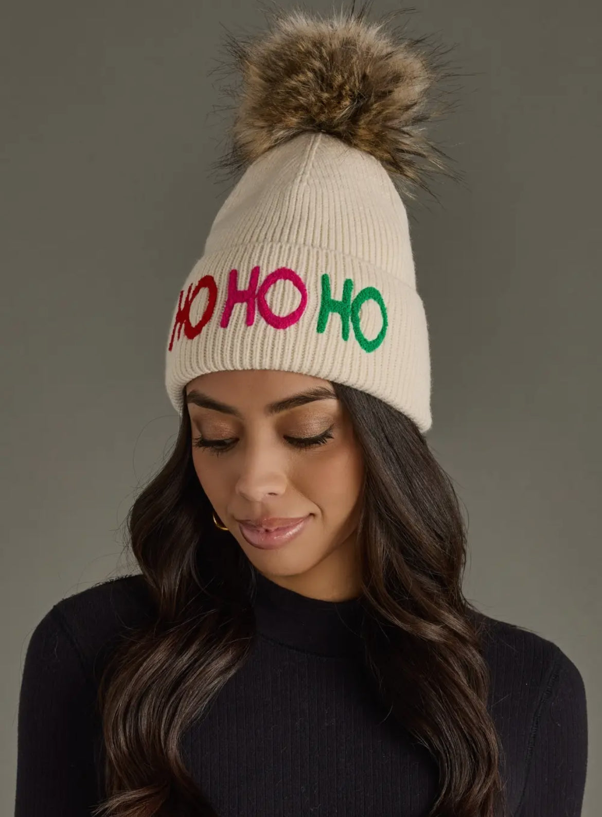 Beige Ho Ho Ho Knit Pom Beanie