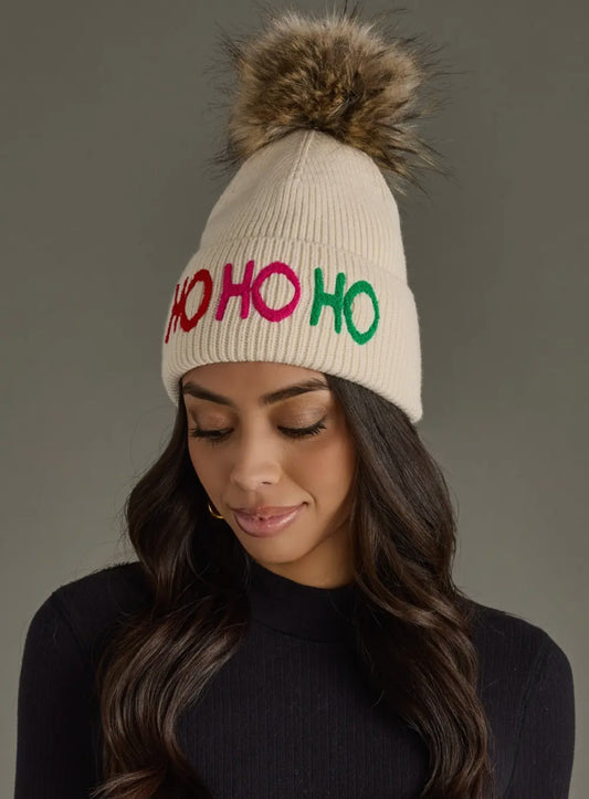 Beige Ho Ho Ho Knit Pom Beanie