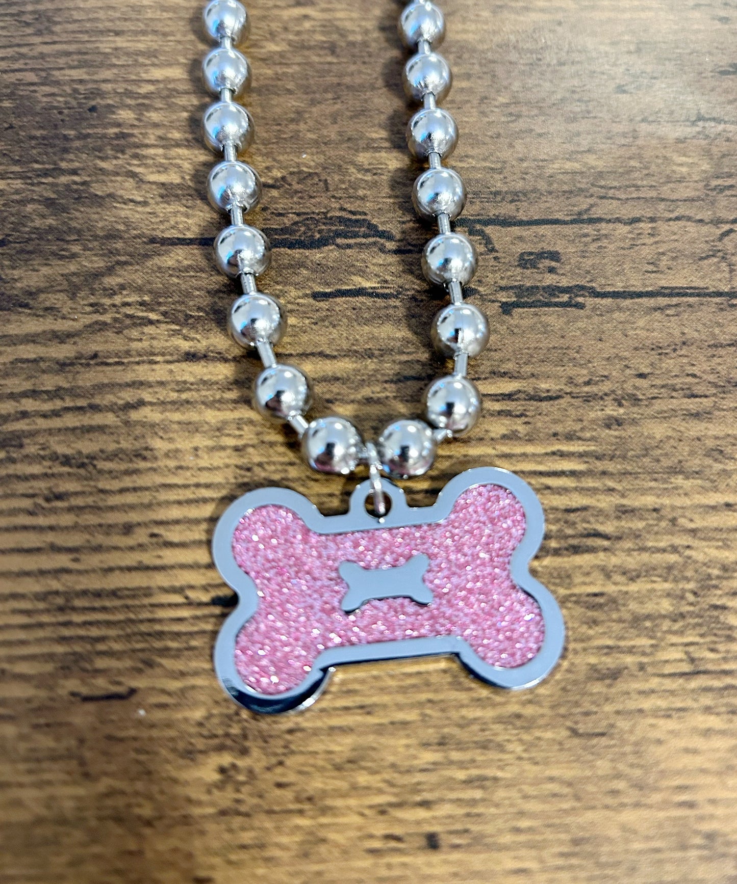Pink Glitter Dog Bone necklace