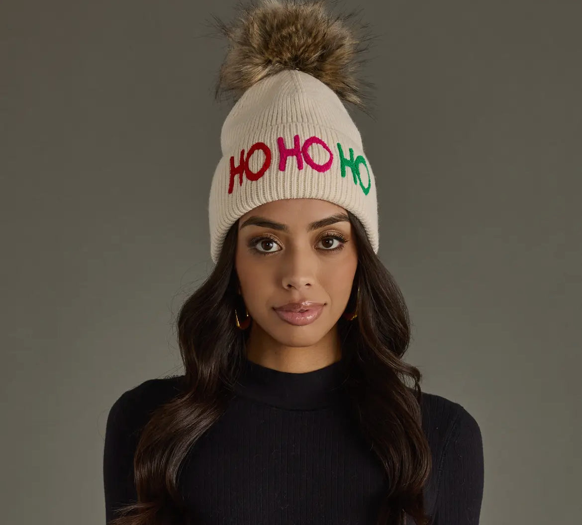 Beige Ho Ho Ho Knit Pom Beanie