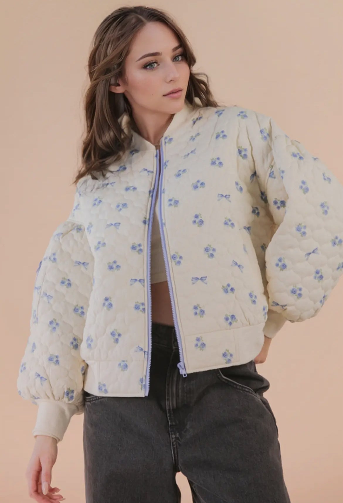 Floral Quilted Oversized Jacket: Blue