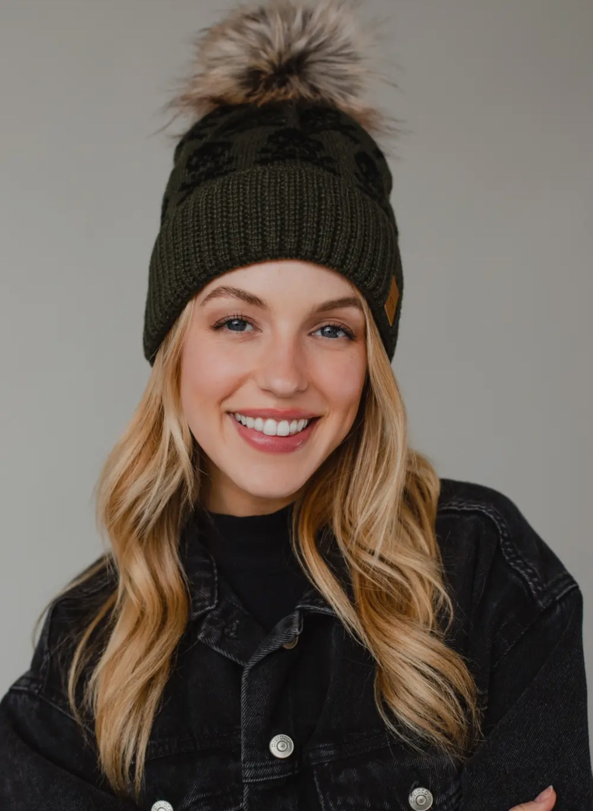 Olive Skull Pom Beanie