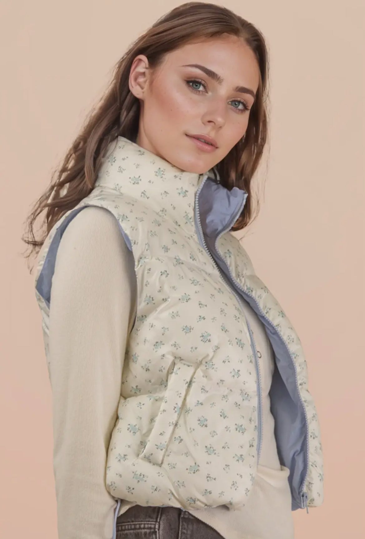 Floral Cropped Puffer Vest: Blue