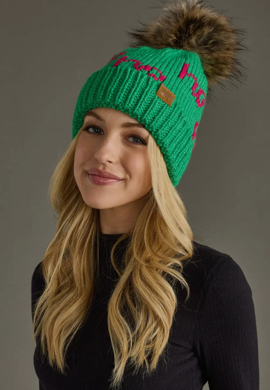 Green and pink Ho Ho Ho Pom Beanie