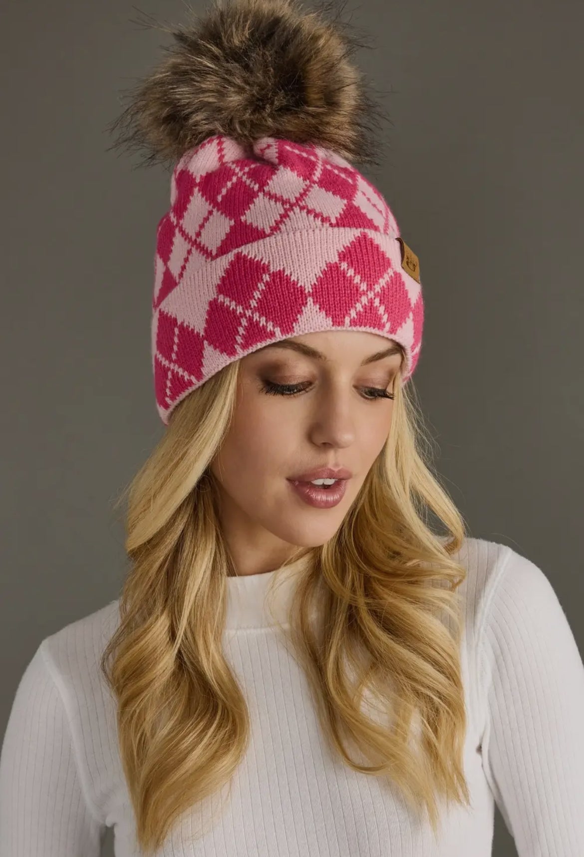Pink and blush Argyle Pom Beanie