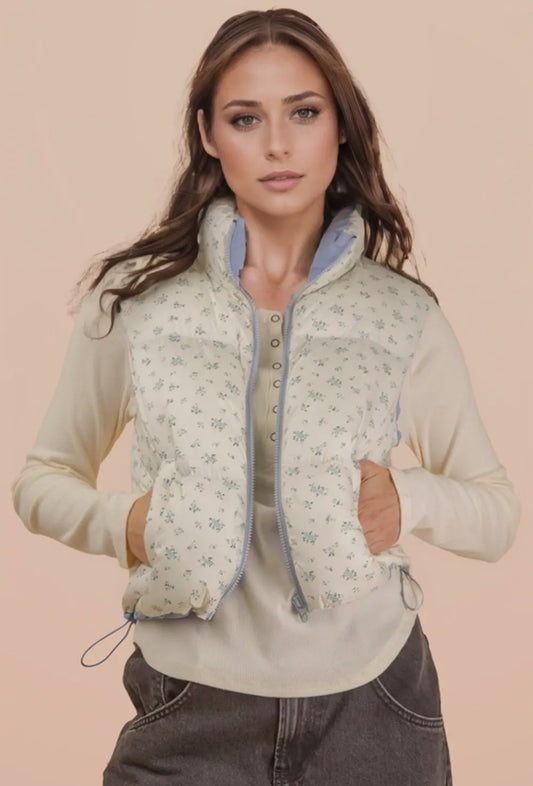 Floral Cropped Puffer Vest: Blue