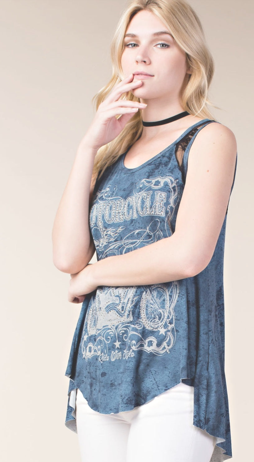 Rhinestone Lace Tank: indigo