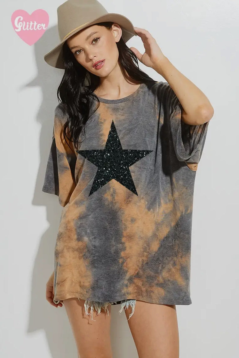 Star Tie-dye Glitter Oversized Top