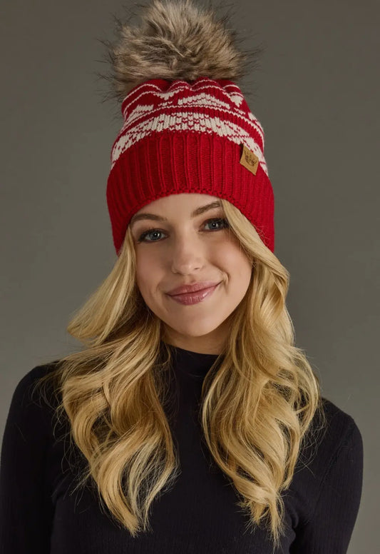 Red and Cream Patterned Pom Beanie