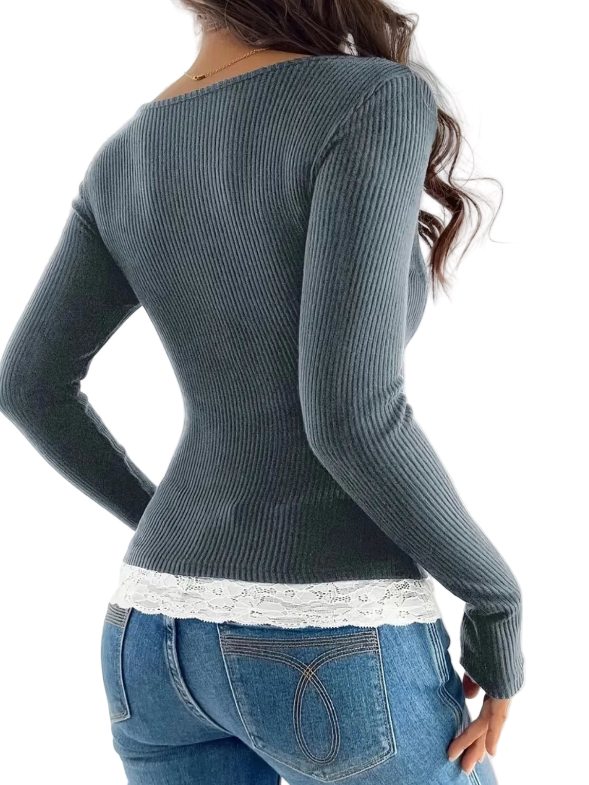 Lace Front Layered Ribbed Long Sleeve