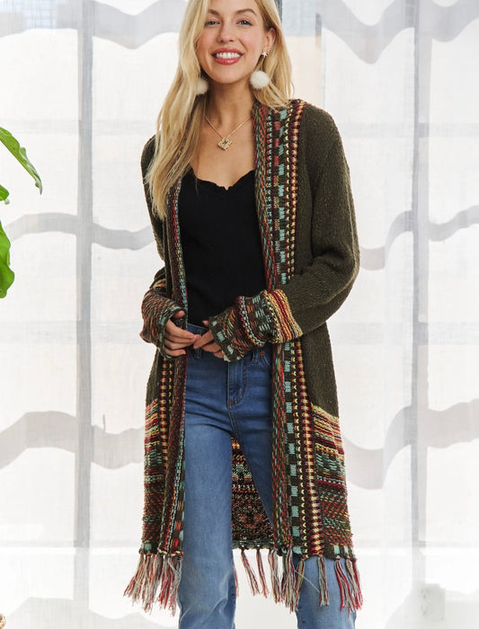 Fringe Hem Cardigan- olive