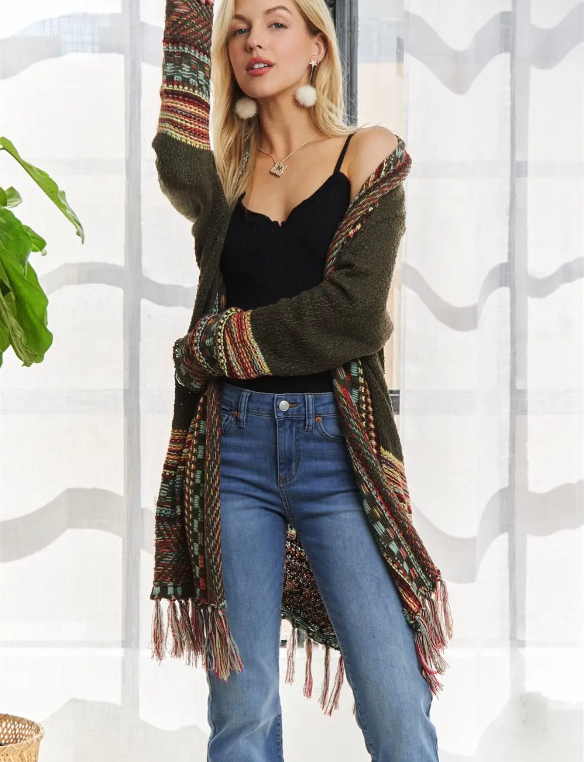 Fringe Hem Cardigan- olive