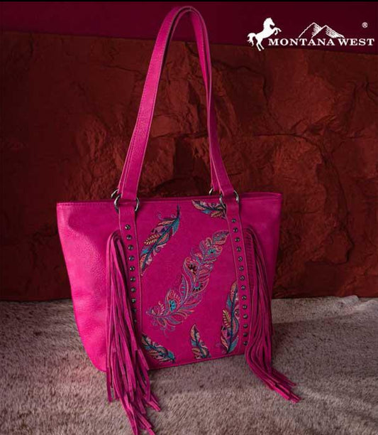 Montana West Embroidered Feather Concealed Carry Tote: Pink