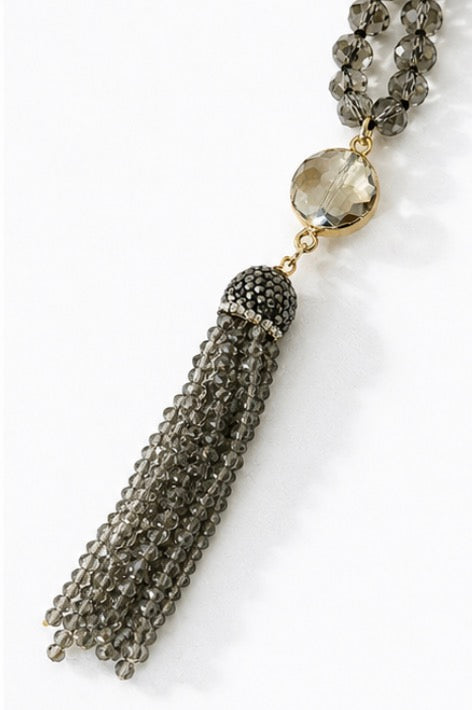 Boho Gem Tassel Necklace: Gray