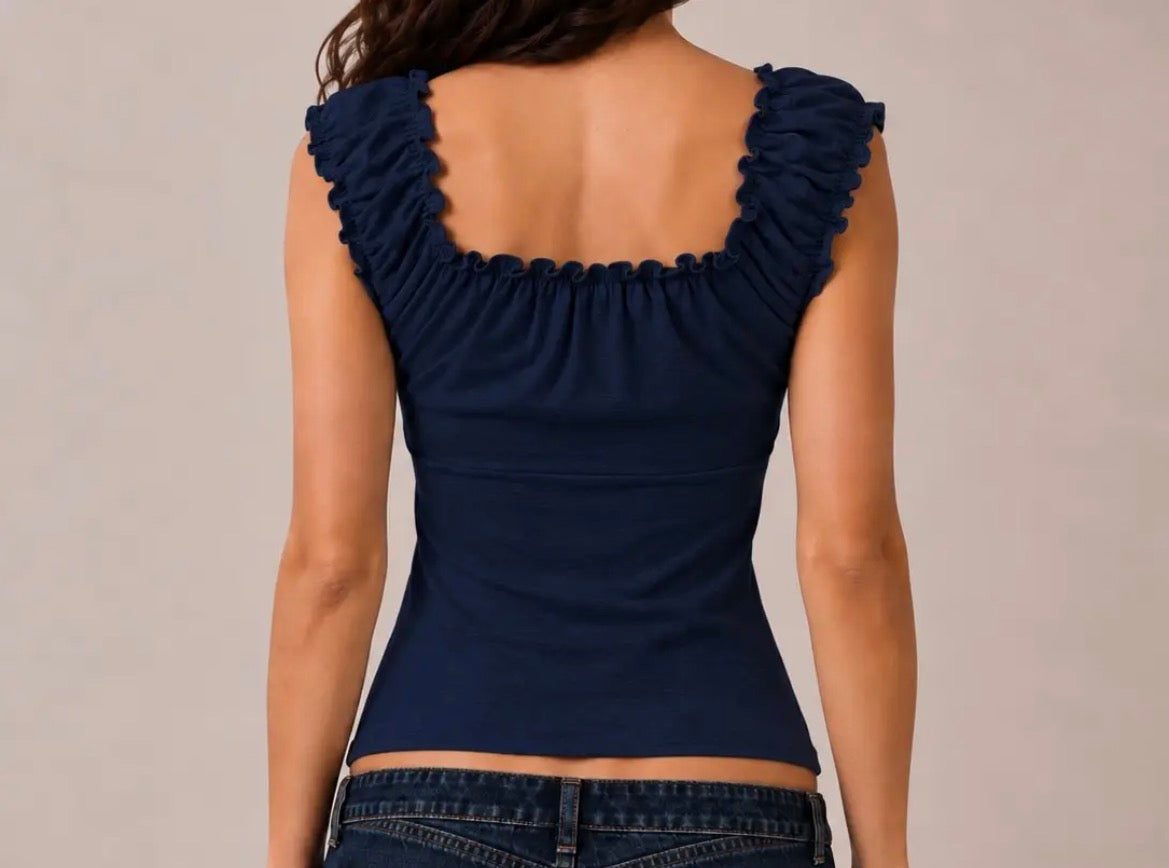 Navy button down frill top