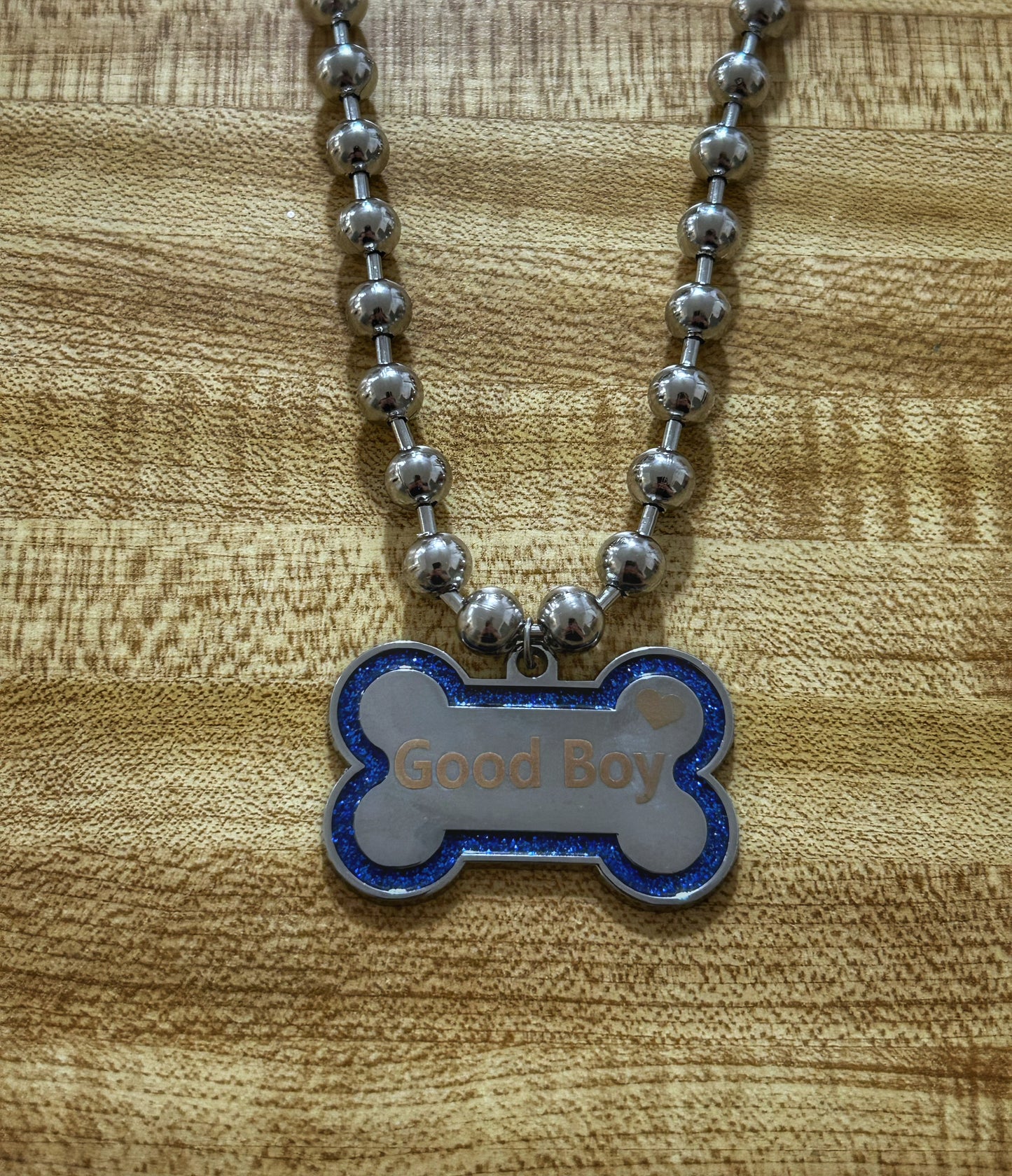Blue Glitter Good Boy Dog Bone necklace