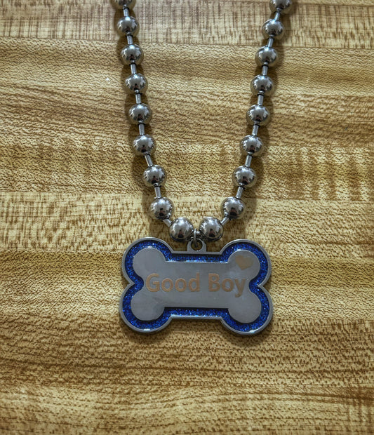 Blue Glitter Good Boy Dog Bone necklace
