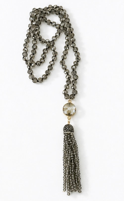 Boho Gem Tassel Necklace: Gray