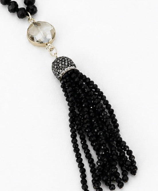 Boho Gem Tassel Necklace: Black
